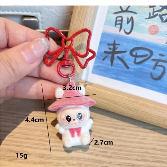 NWT! Labubu Pink Mini Flocking Fuzzy Keychain Bag Backpack Charm - Picture 2 of 2